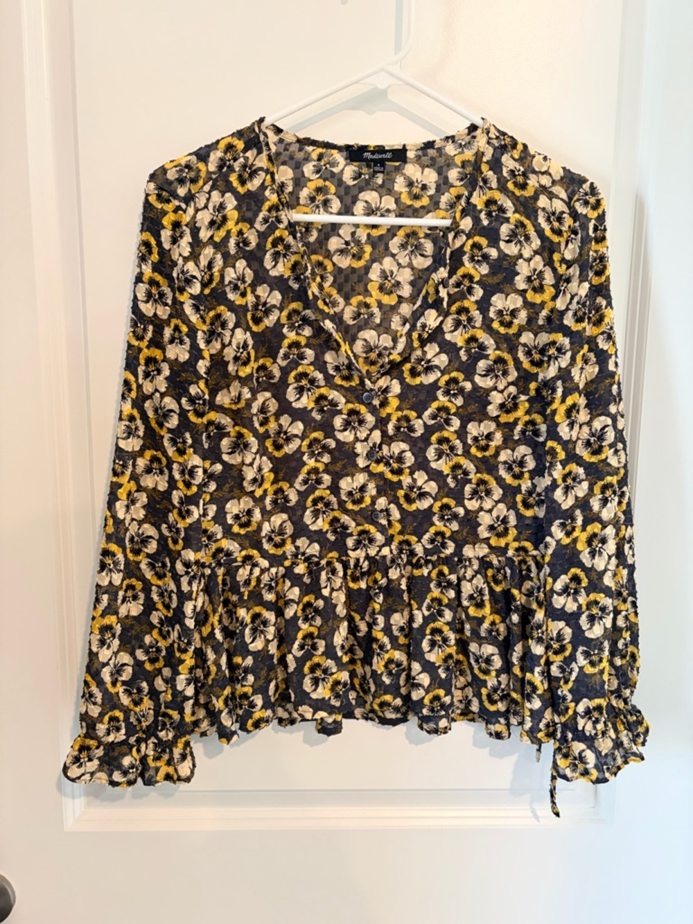 Madewell Black Floral V-Neck Ruffle Hem Blouse